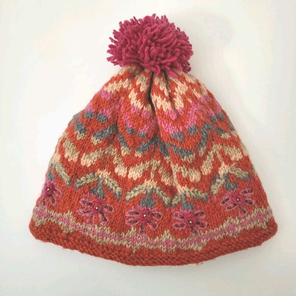 Anthropologie FRENCH KNOT Beanie Hat Womens Red Pink 100% Wool Pom Pom Warm - Picture 1 of 6